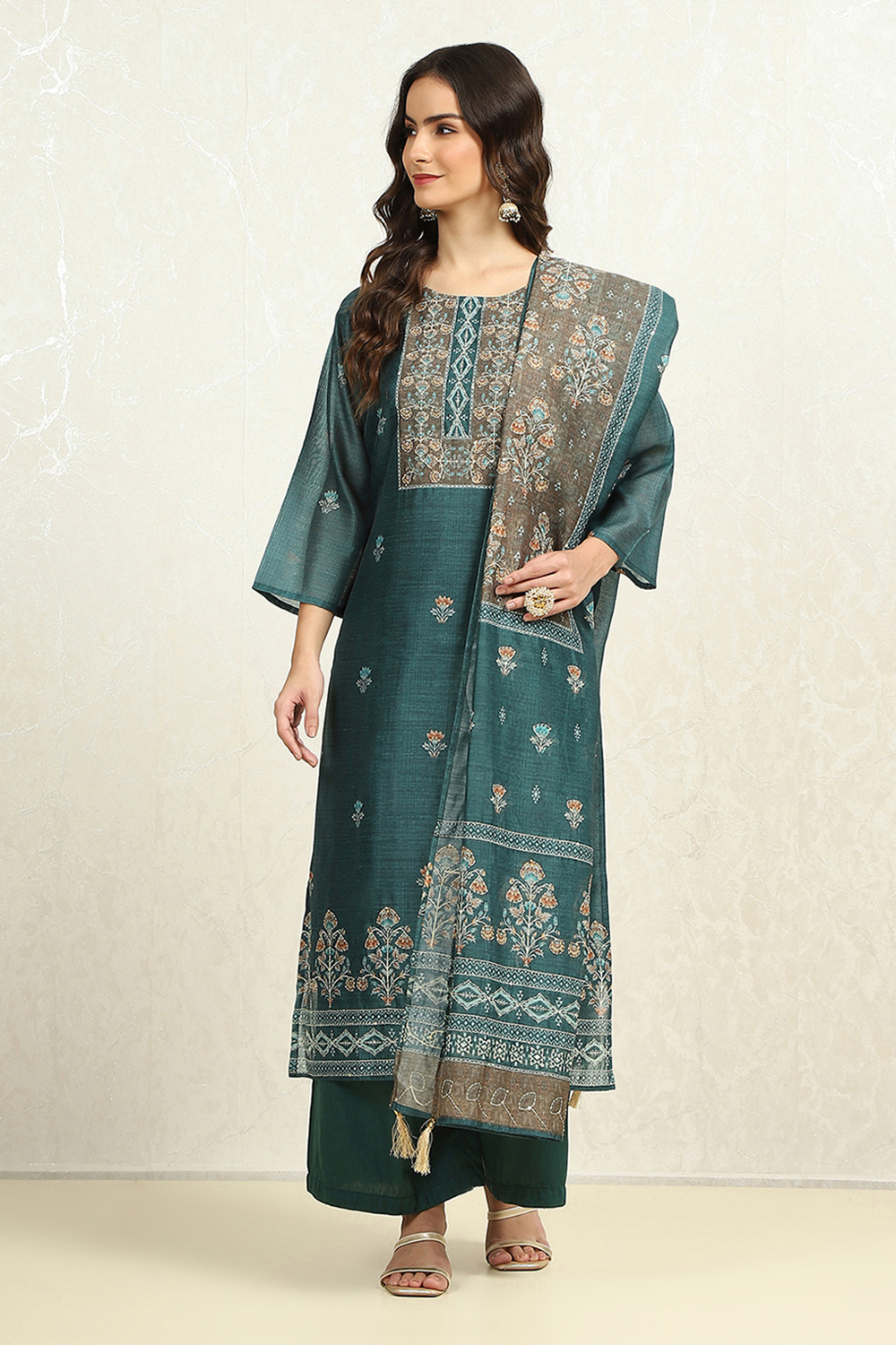 Teal Chanderi Katha Work Unstitched Suit Set image number 1