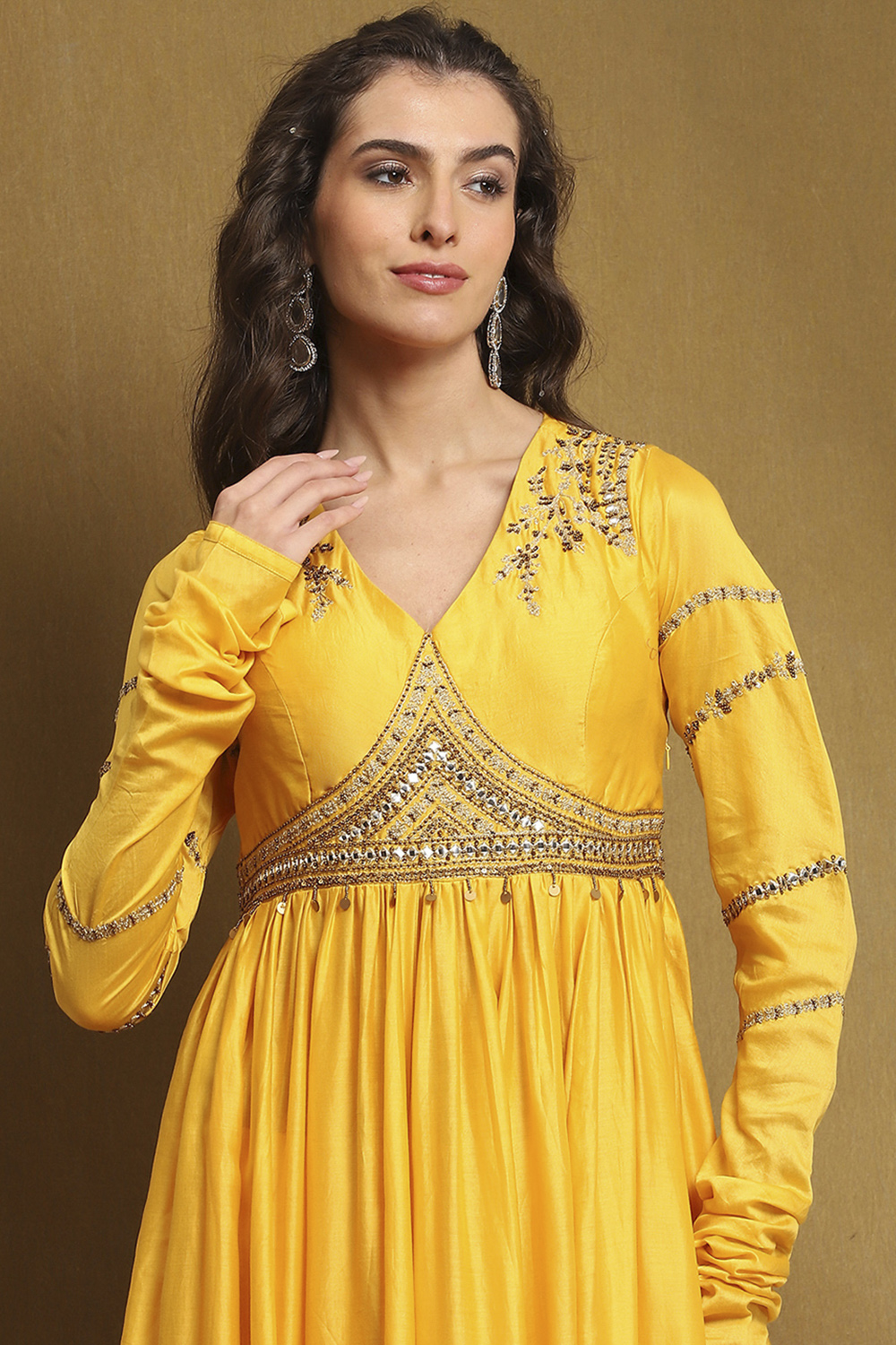 Yellow Silk Chanderi Anarkali Suit Set image number 1