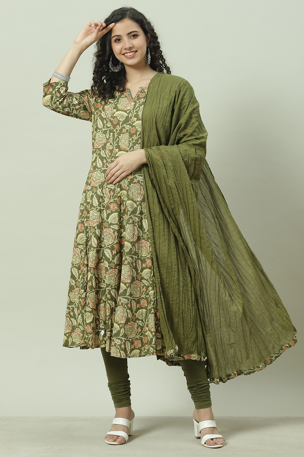 BIBA Women's Green Cotton Kalidar Kurta Churidar Suit Set : :  Fashion