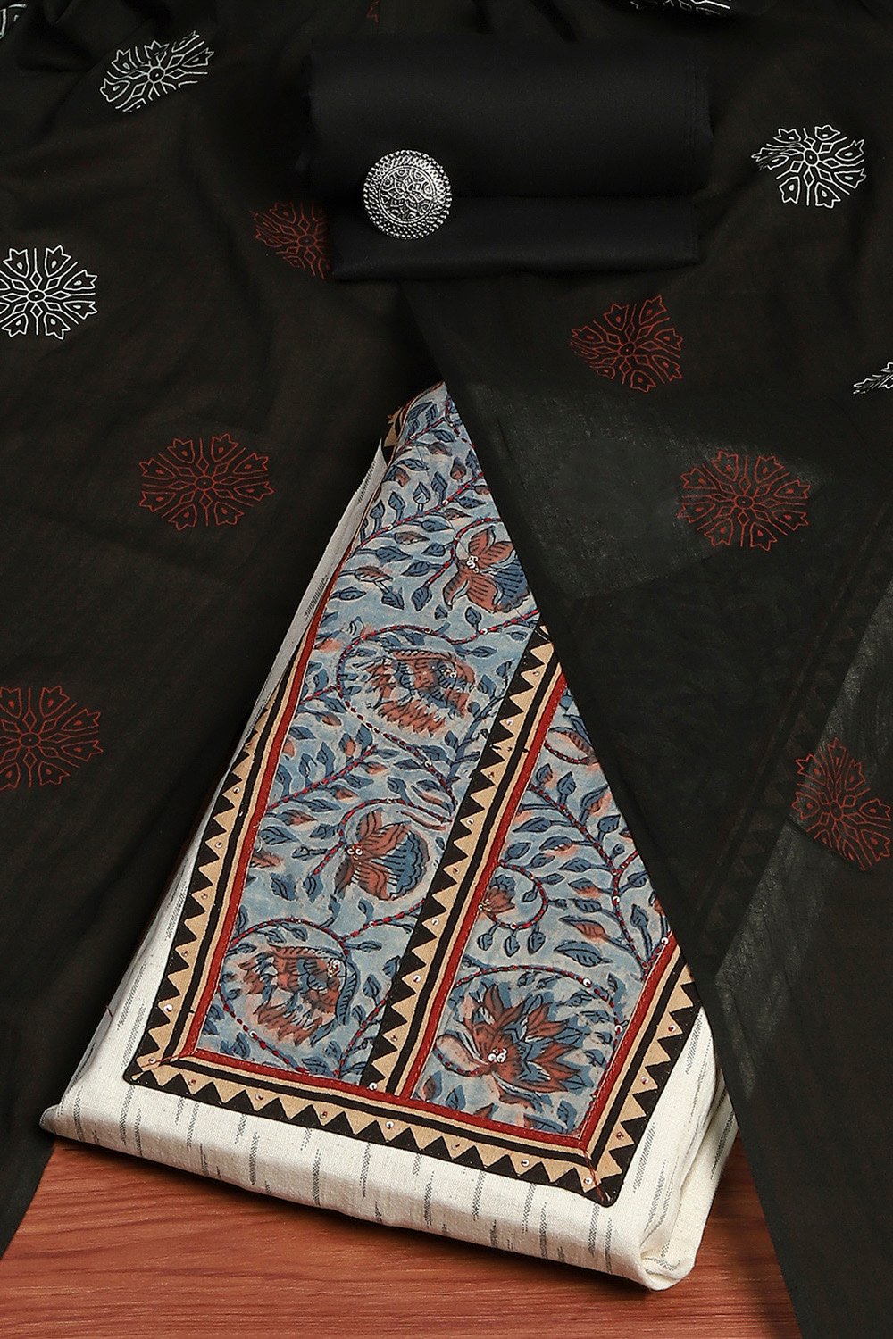 Off-white and Maroon Cotton Printed Unstitched Suit Set image number 0