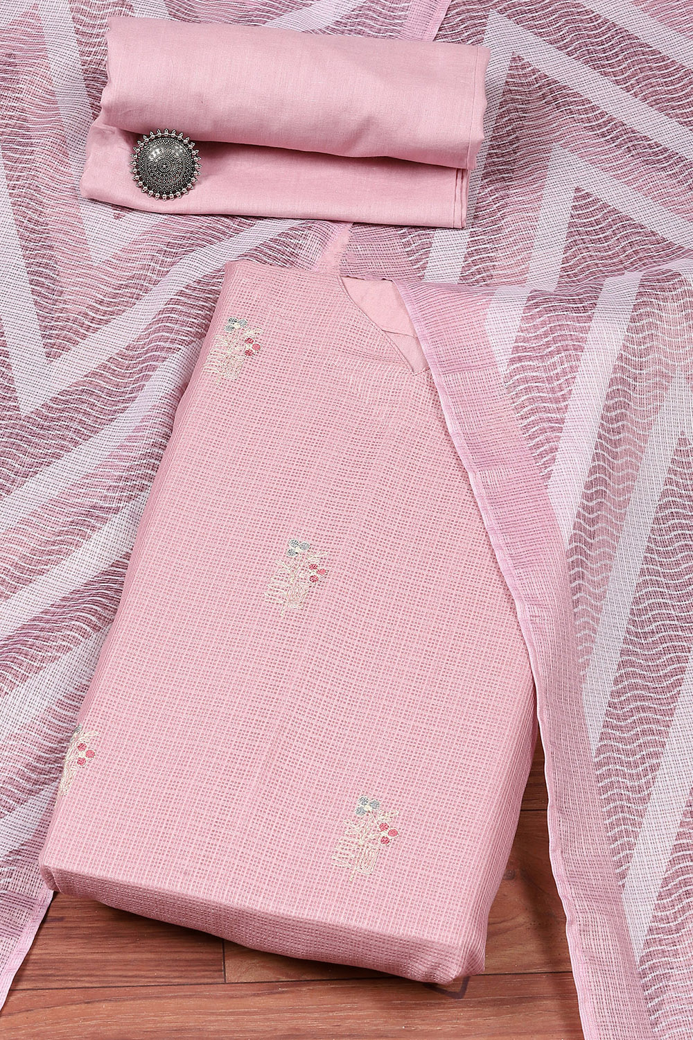 Pink Cotton Blend Printed Unstitched Suit Set image number 0