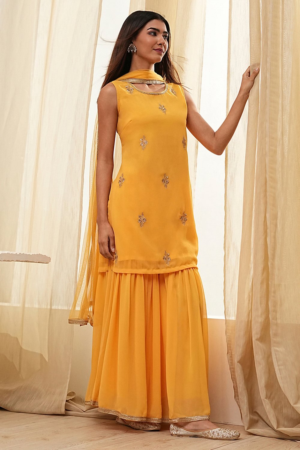 Ochre Yellow Embroidered Straight Suit Set image number 0