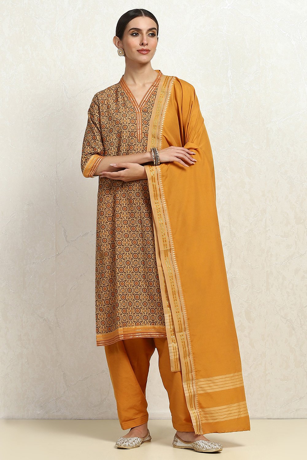 Blue and Beige Cotton Handloom Unstitched Suit Set image number 1