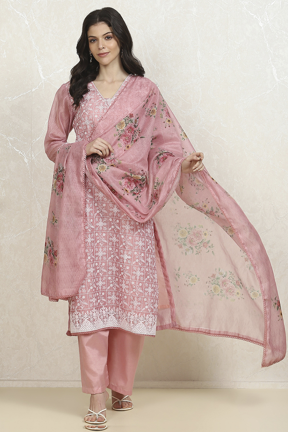 Dusky Pink Chanderi Machine Embroidered Unstitched Suit Set image number 1