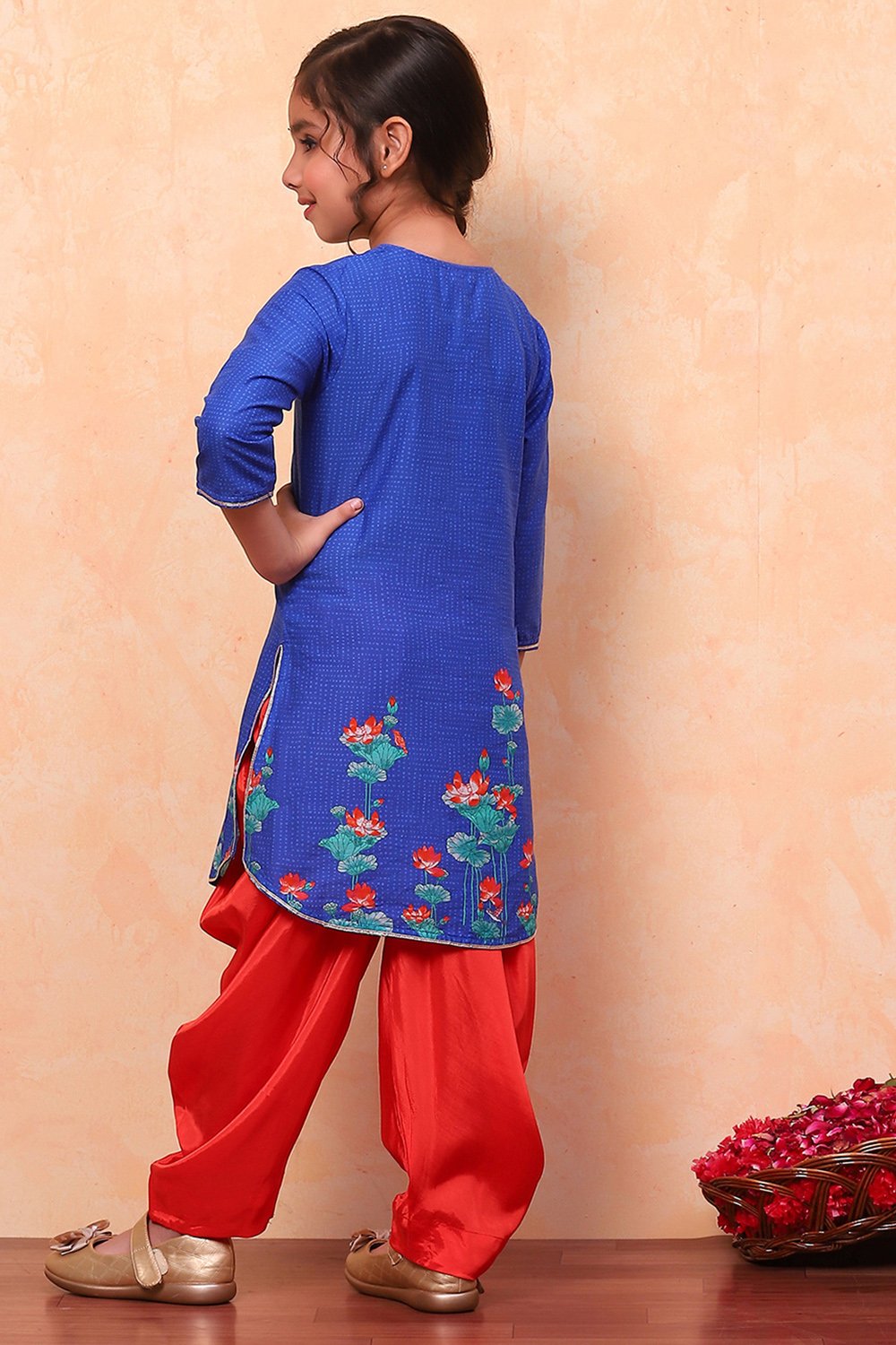 Blue and Red Cotton Printed Straight Suit Set image number 5