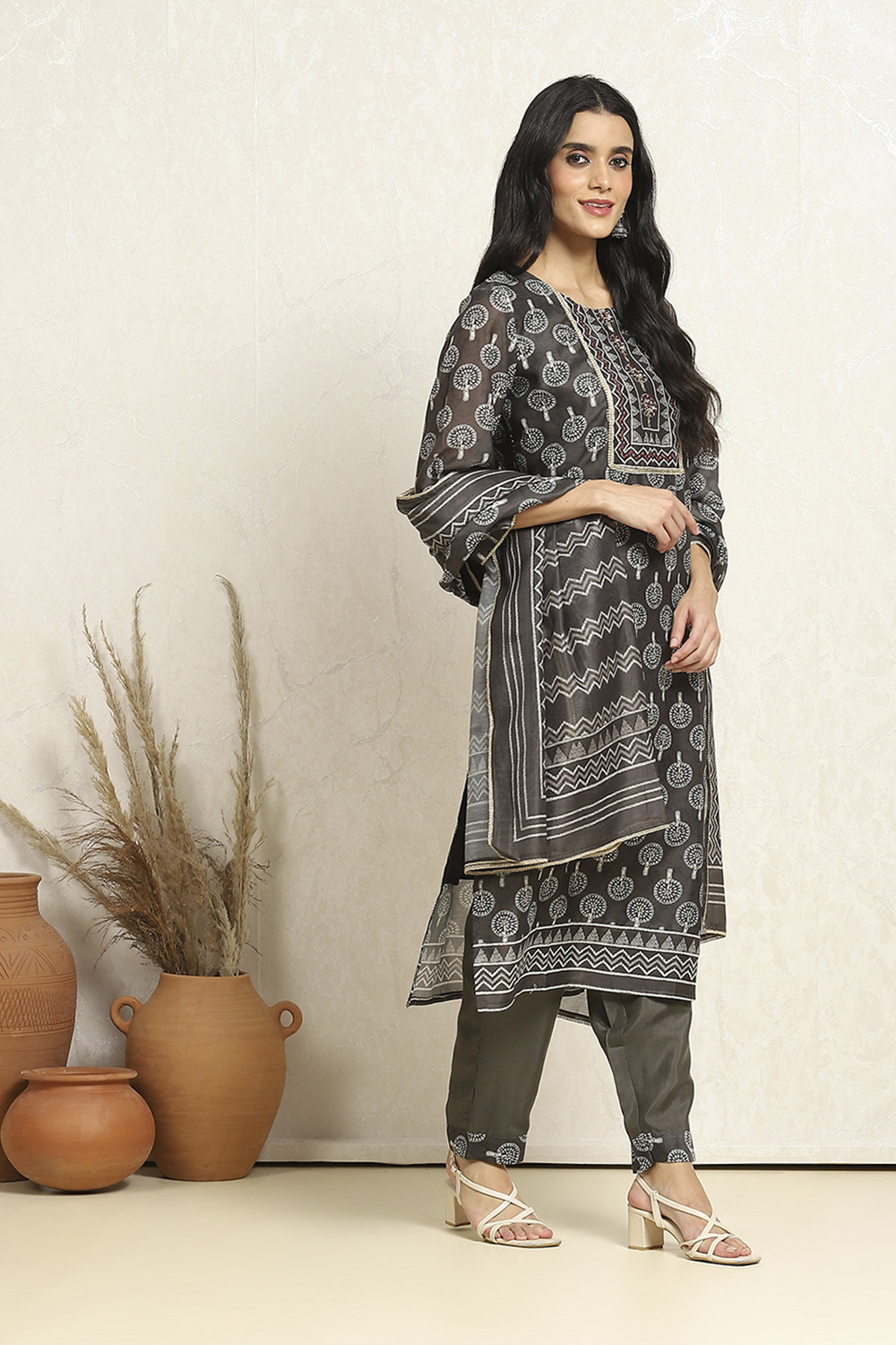 Slate Green Chanderi Printed Unstitched Suit Set image number 6