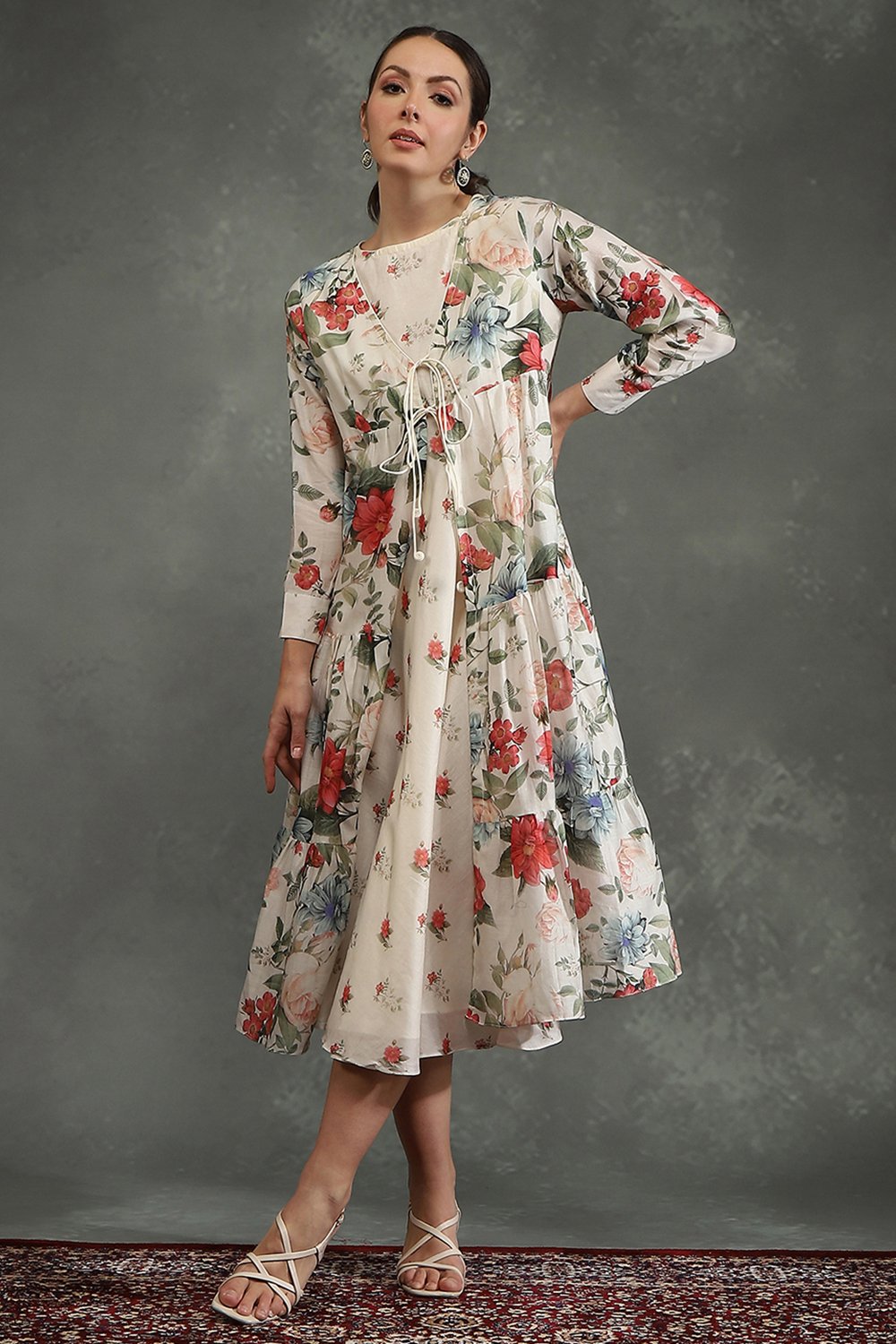 Rohit Bal Ivory Silk Chanderi Floral Front-Open Dress image number 0