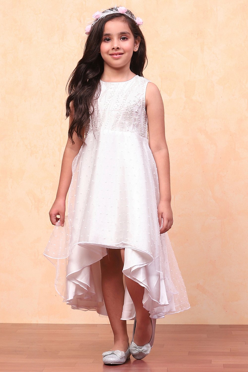 White Organza Embellished Asymmetric Flared Dress image number 5