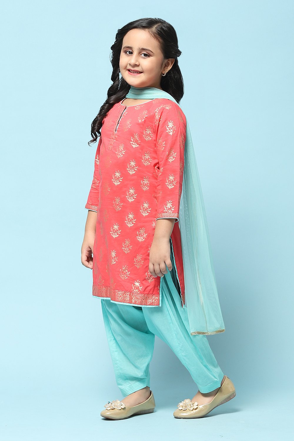 Turquoise Cotton Straight Printed Kurta Patiala Salwar Suit Set image number 4