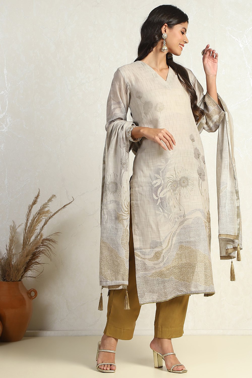 Teal Linen Printed  Embroidered Unstitched Suit Set image number 6