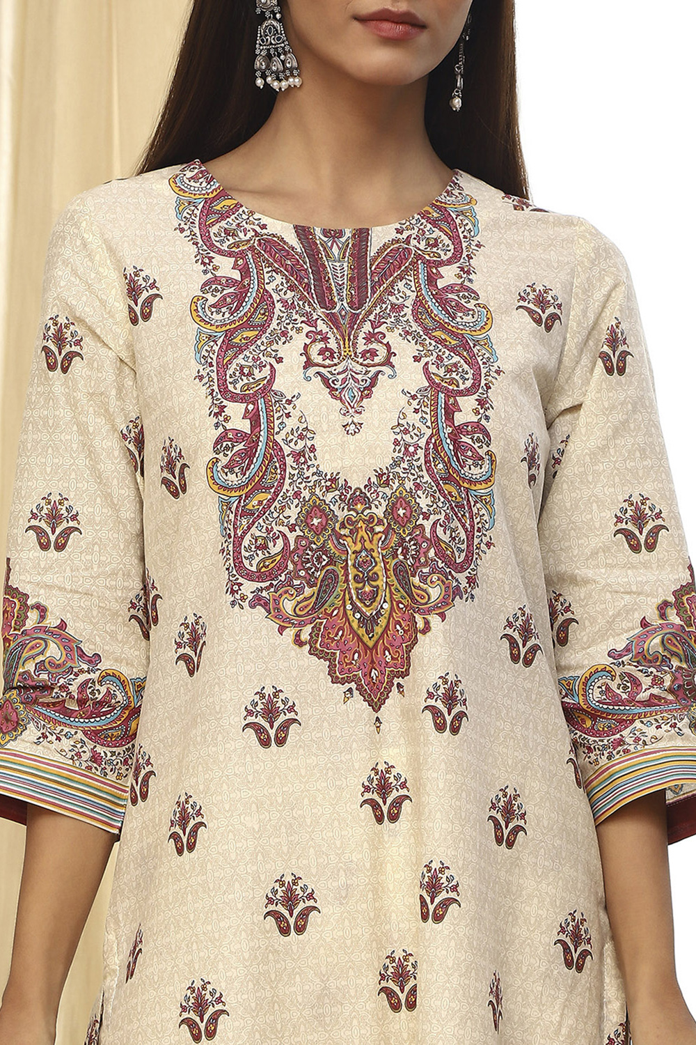 Beige Pure Cotton Printed Straight Suit Set image number 1