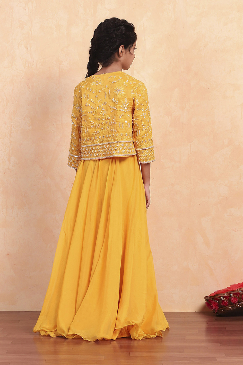 Ochre Viscose Blend Short Straight Lehenga Set image number 4