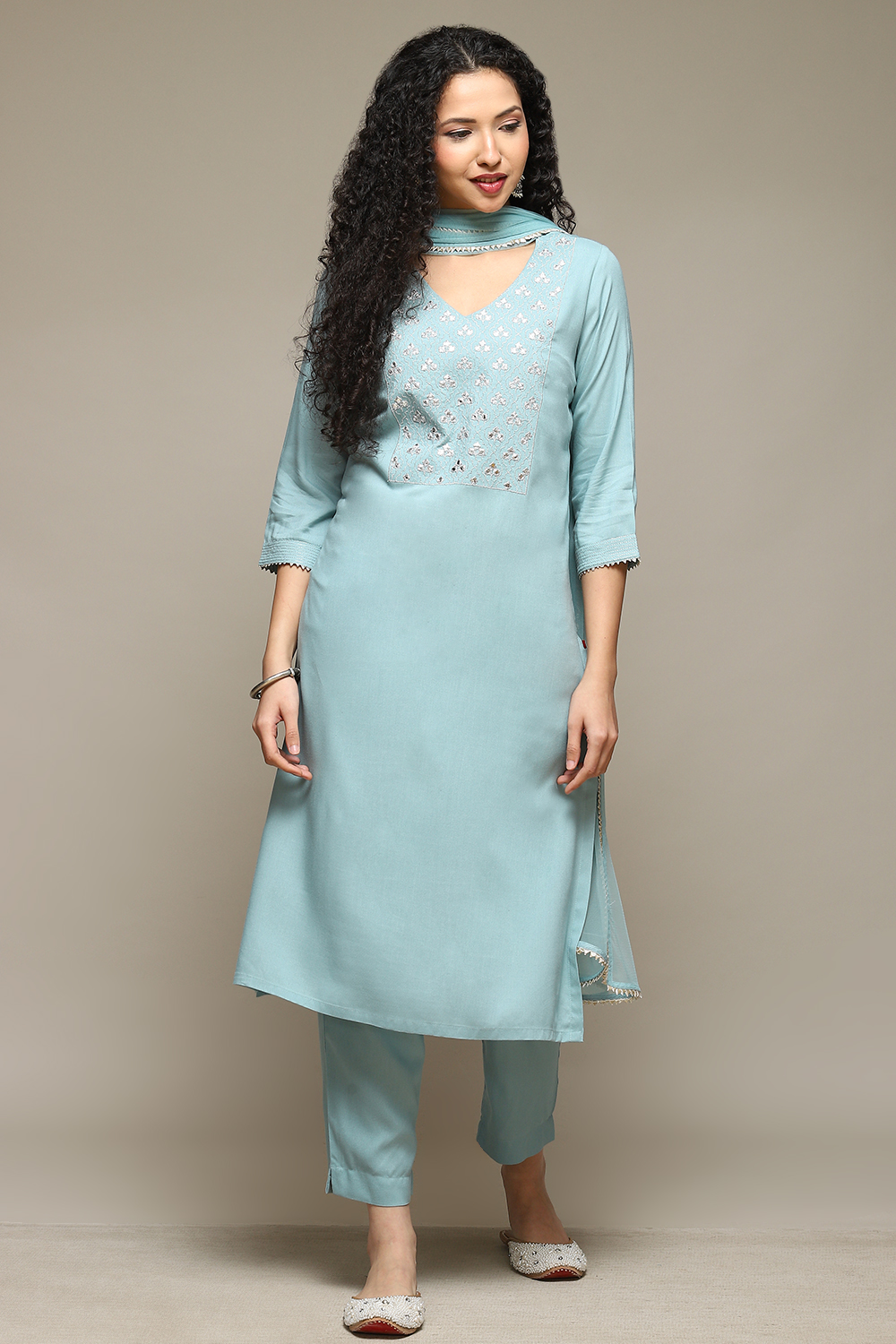 Yellow Rayon Straight Kurta Pants Suit Set image number 7