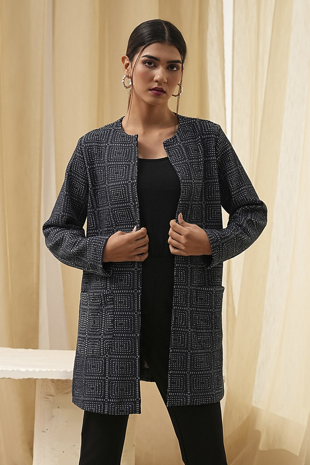 Navy Blue Printed Straight Jacket image number 5