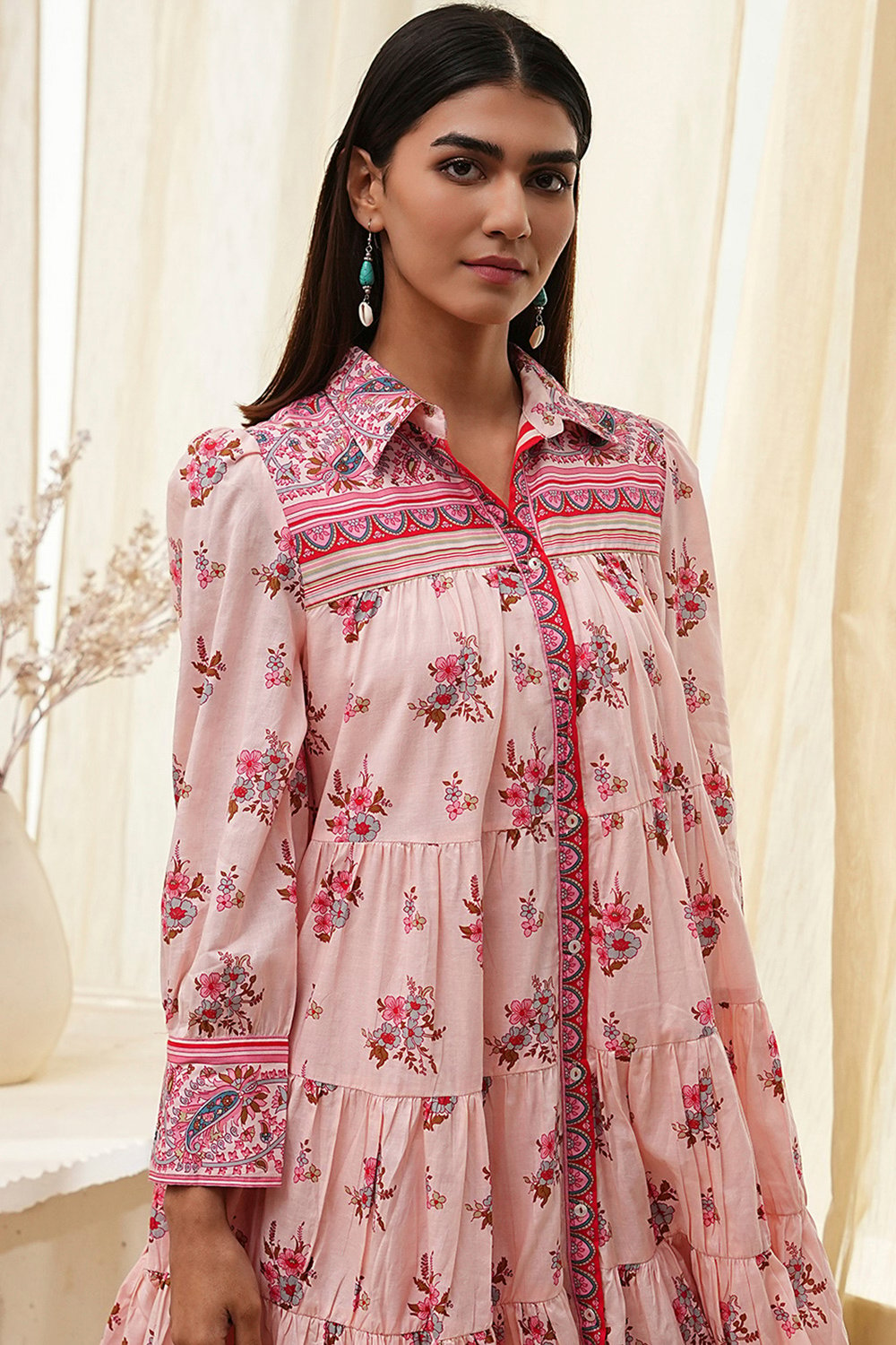 Peach Cotton Tiered Printed Kurta image number 1