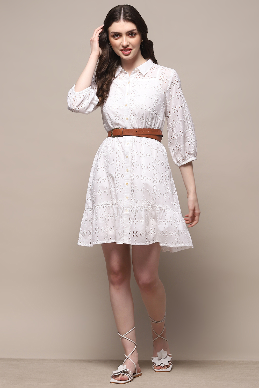 White Pure Cotton Schiffli Tiered Dress image number 0