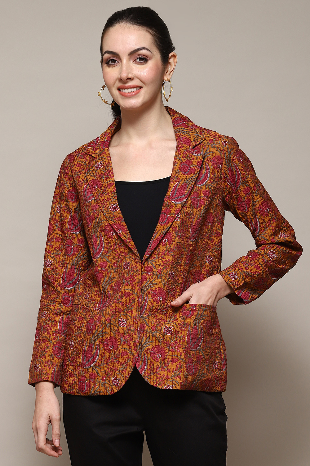 Mustard Poly Viscose Straight Printed Jacket image number 5