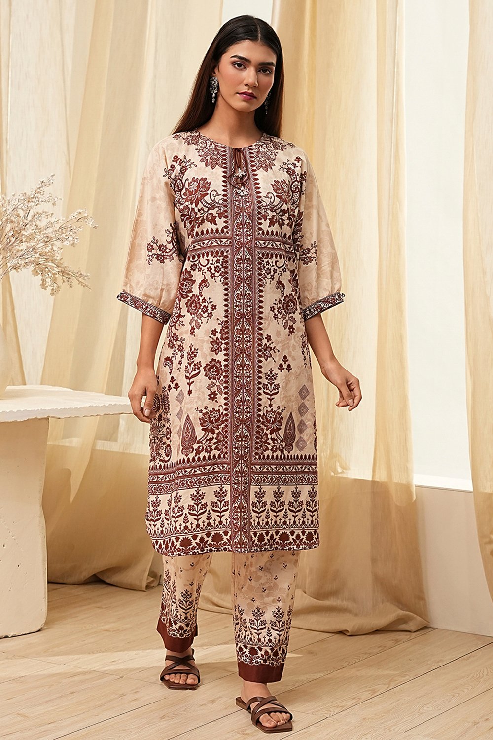 Beige and Brown Pure Cotton Printed Kurta Set image number 6