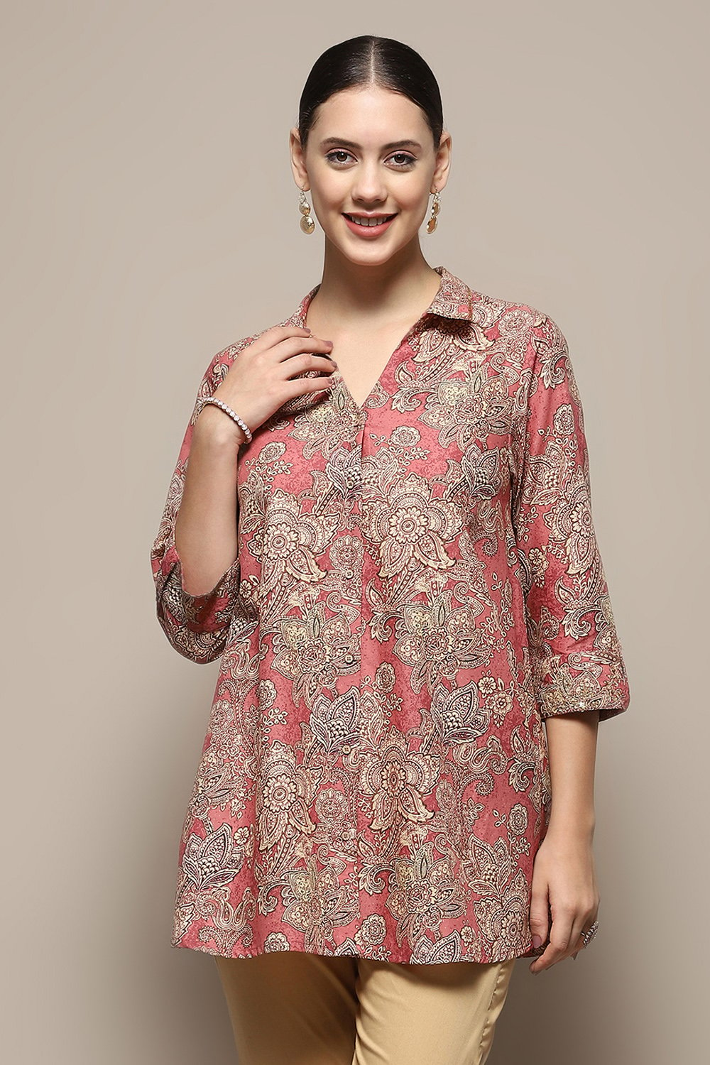 Rust Cotton Floral Printed A-Line Shirt Style Kurti image number 6