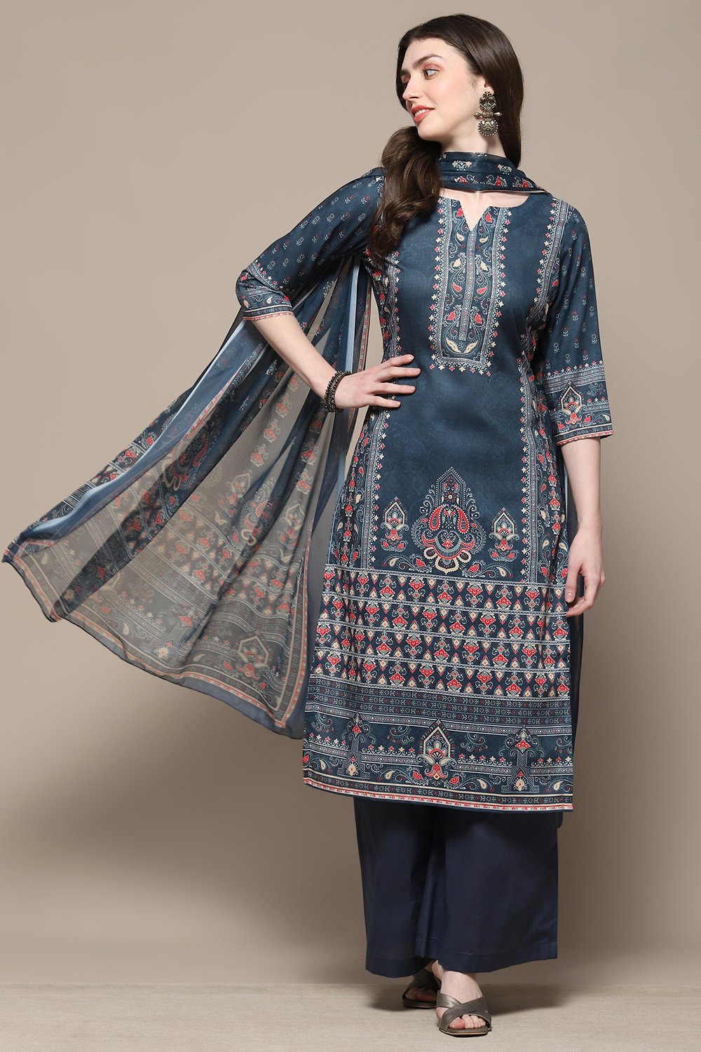 Blue Cotton Blend Digital Print Unstitched Suit Set image number 8