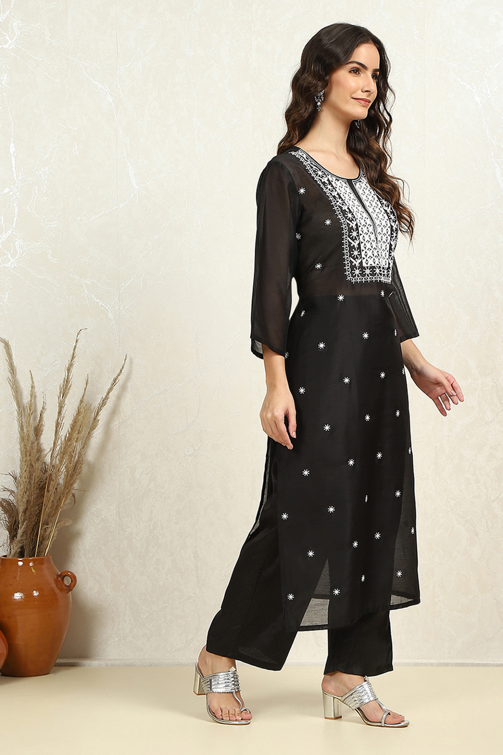 Black Chanderi Machine Embroidered Unstitched Suit Set image number 6