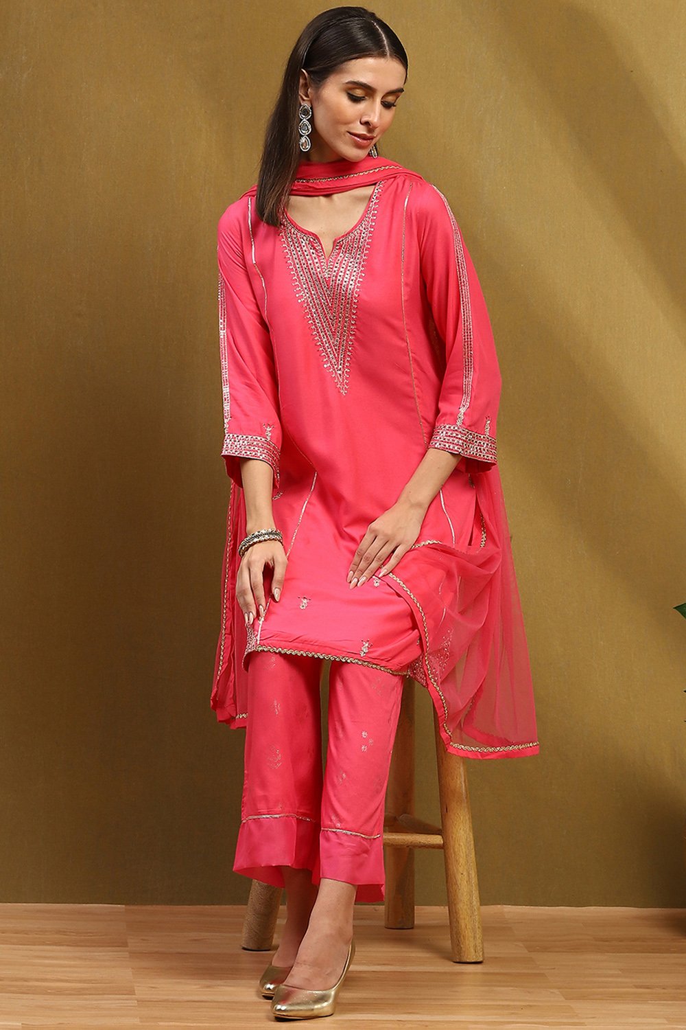 Pink Rayon Straight Suit Set image number 0