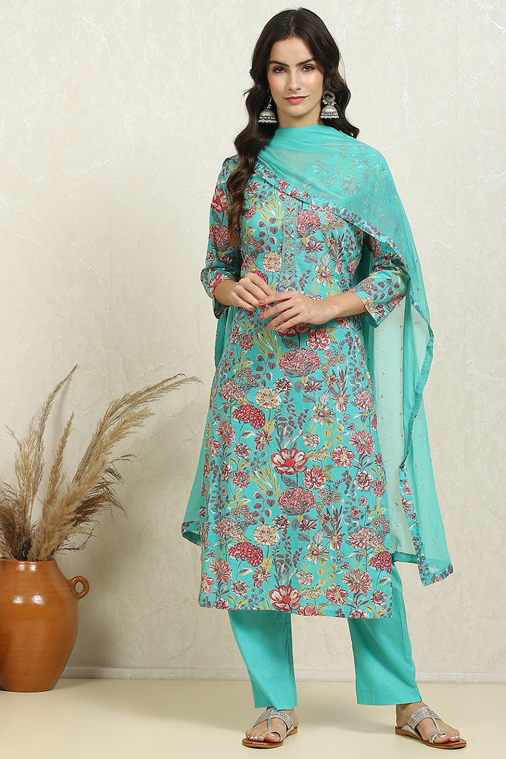 Green Cotton Printed Unstitched Suit Set image number 1