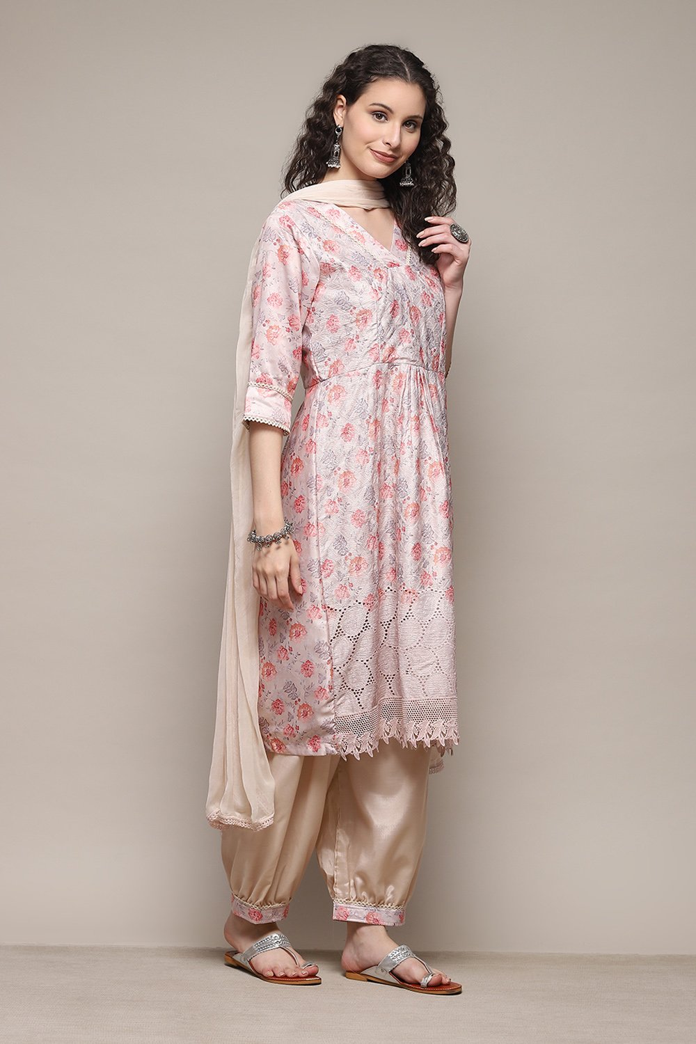 Beige Cotton Printed Unstitched Suit Set image number 7