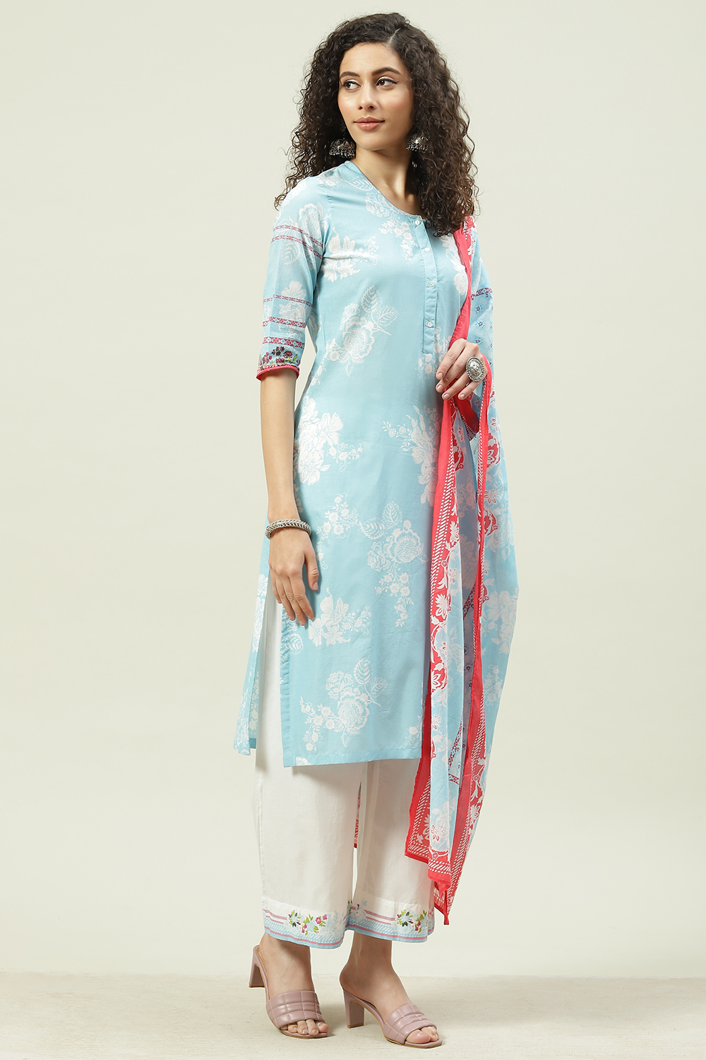 Pink Cotton Straight Kurta Palazzo Suit Set image number 3