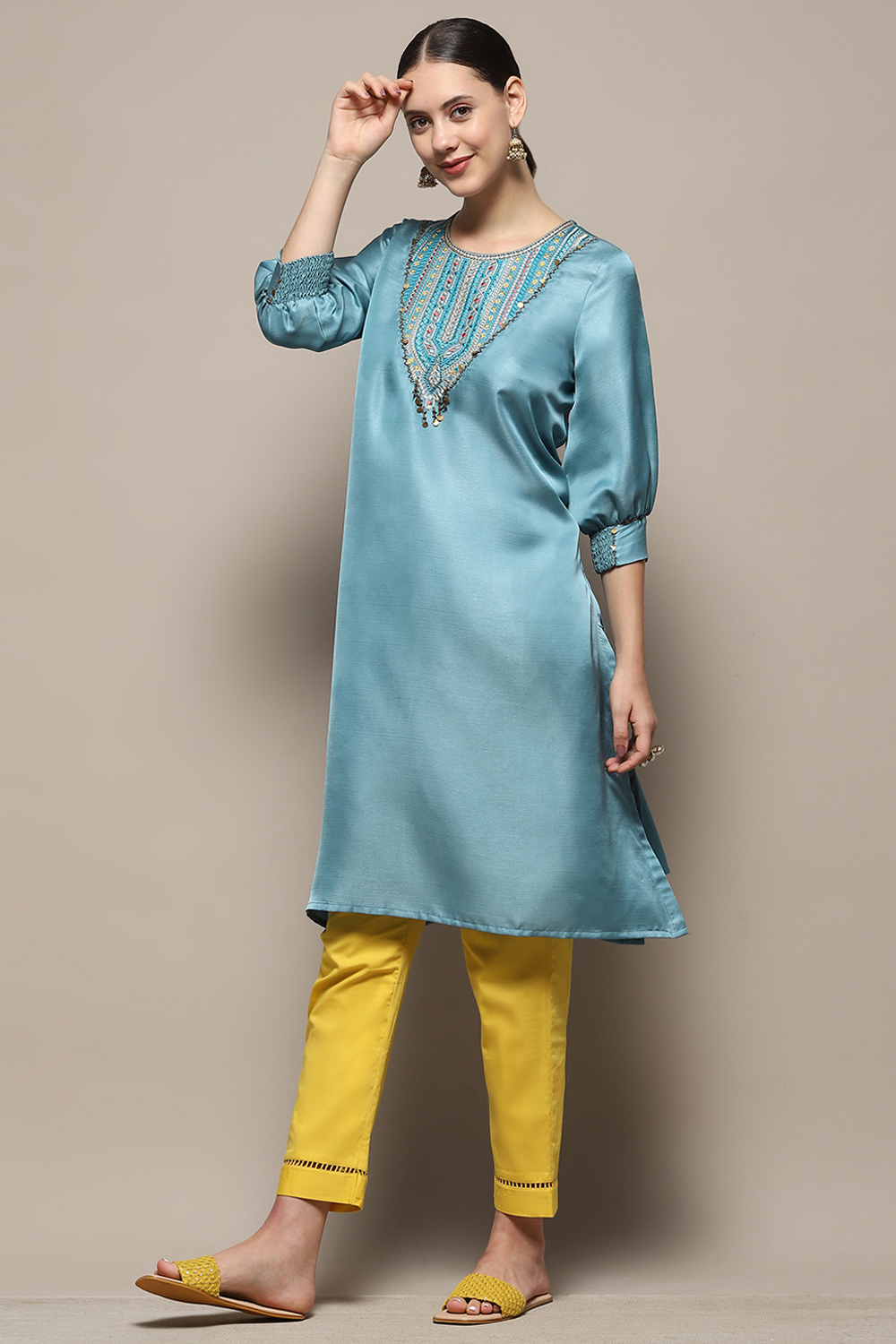 Smoky Blue Straight Regular Fit Festive Kurta image number 2