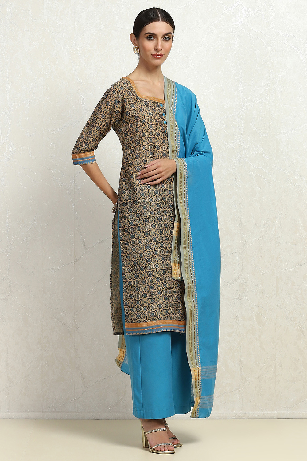 Blue and Beige Cotton Handloom Unstitched Suit Set image number 6