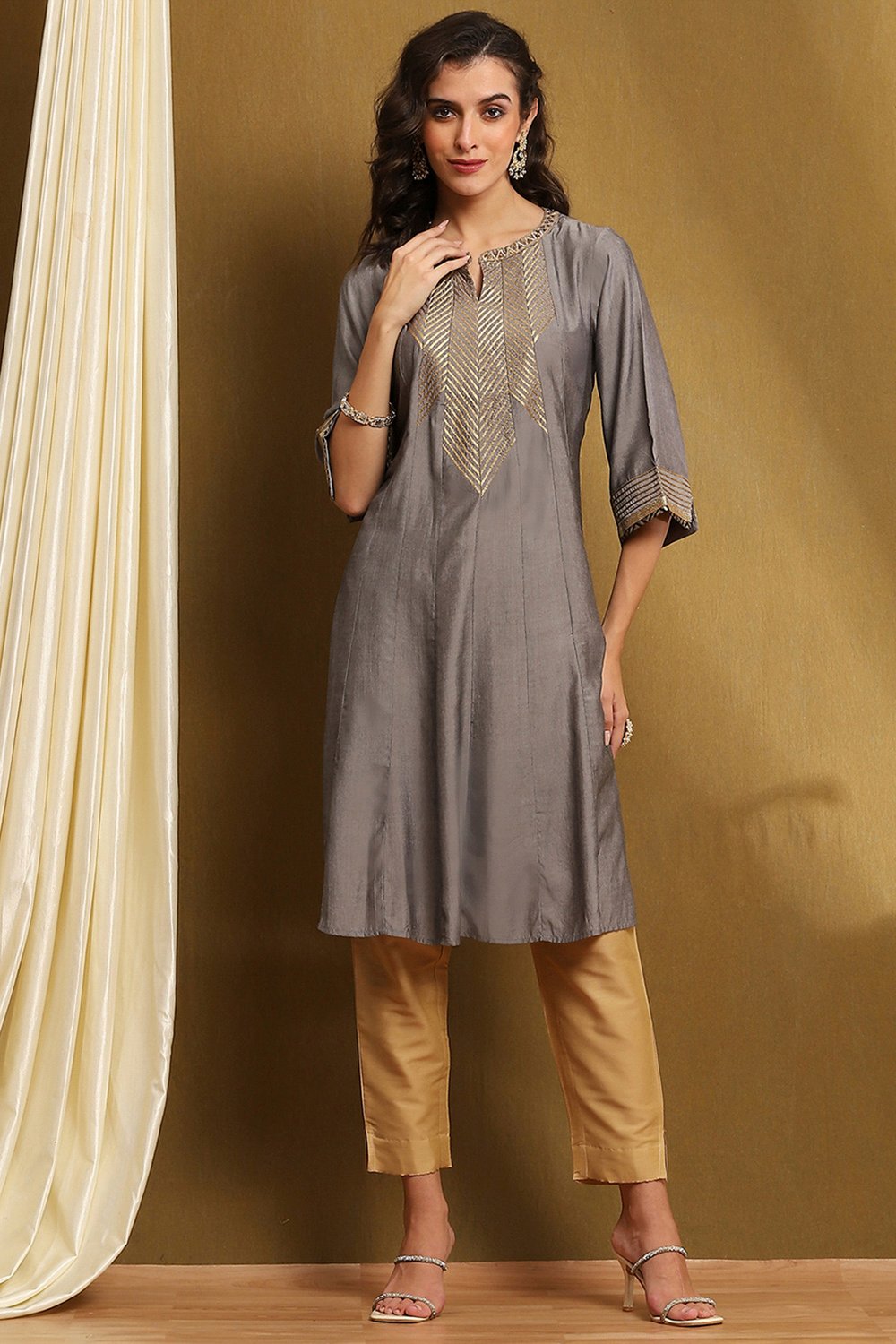 Grey Polyester Straight Kurta image number 5