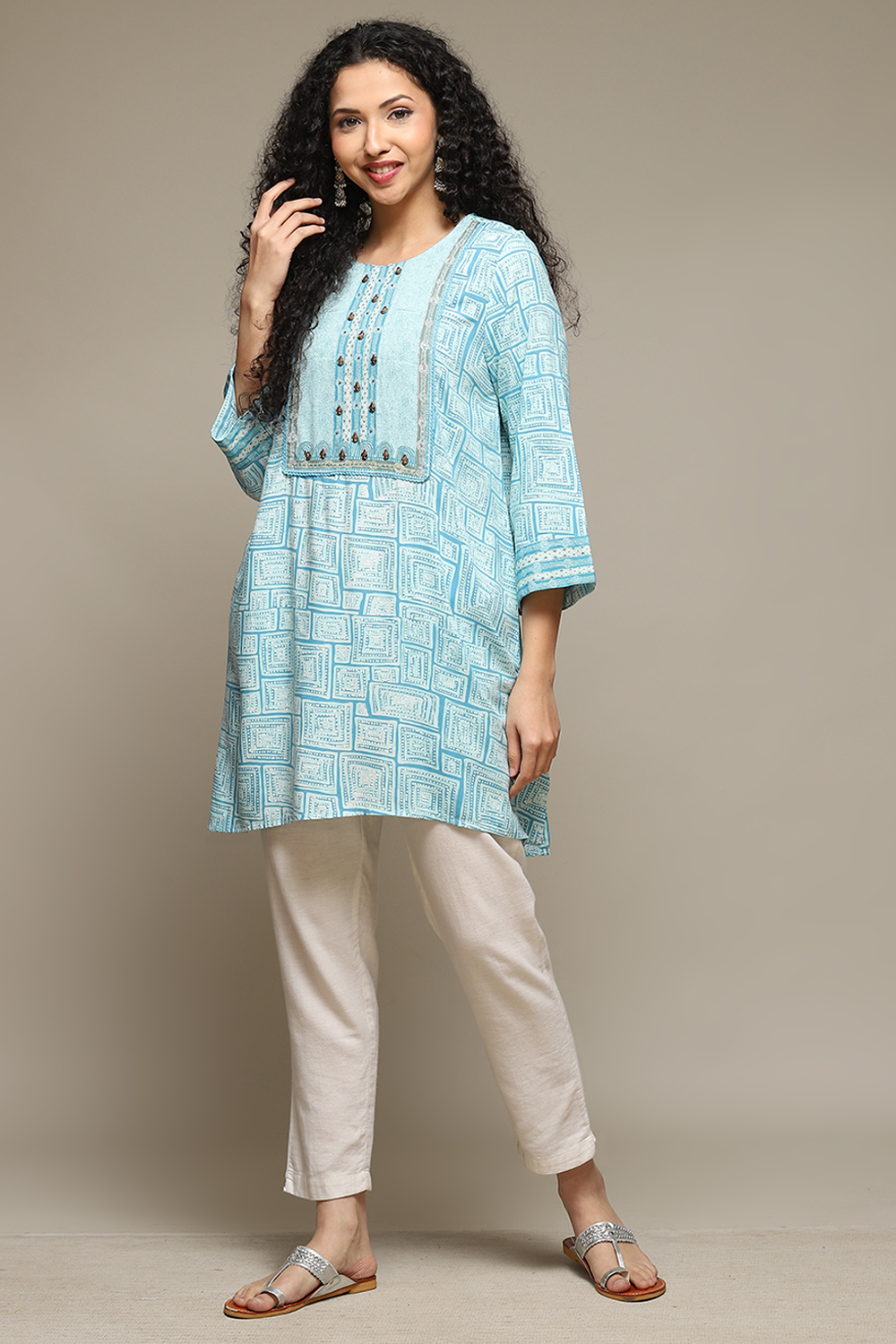 Aqua Blue Rayon Printed Kurti