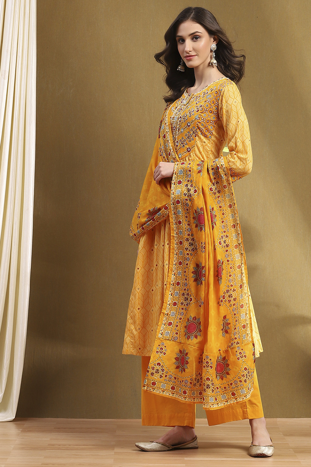 Mustard Yellow Cotton Printed Flared Festive Suit Set image number 3