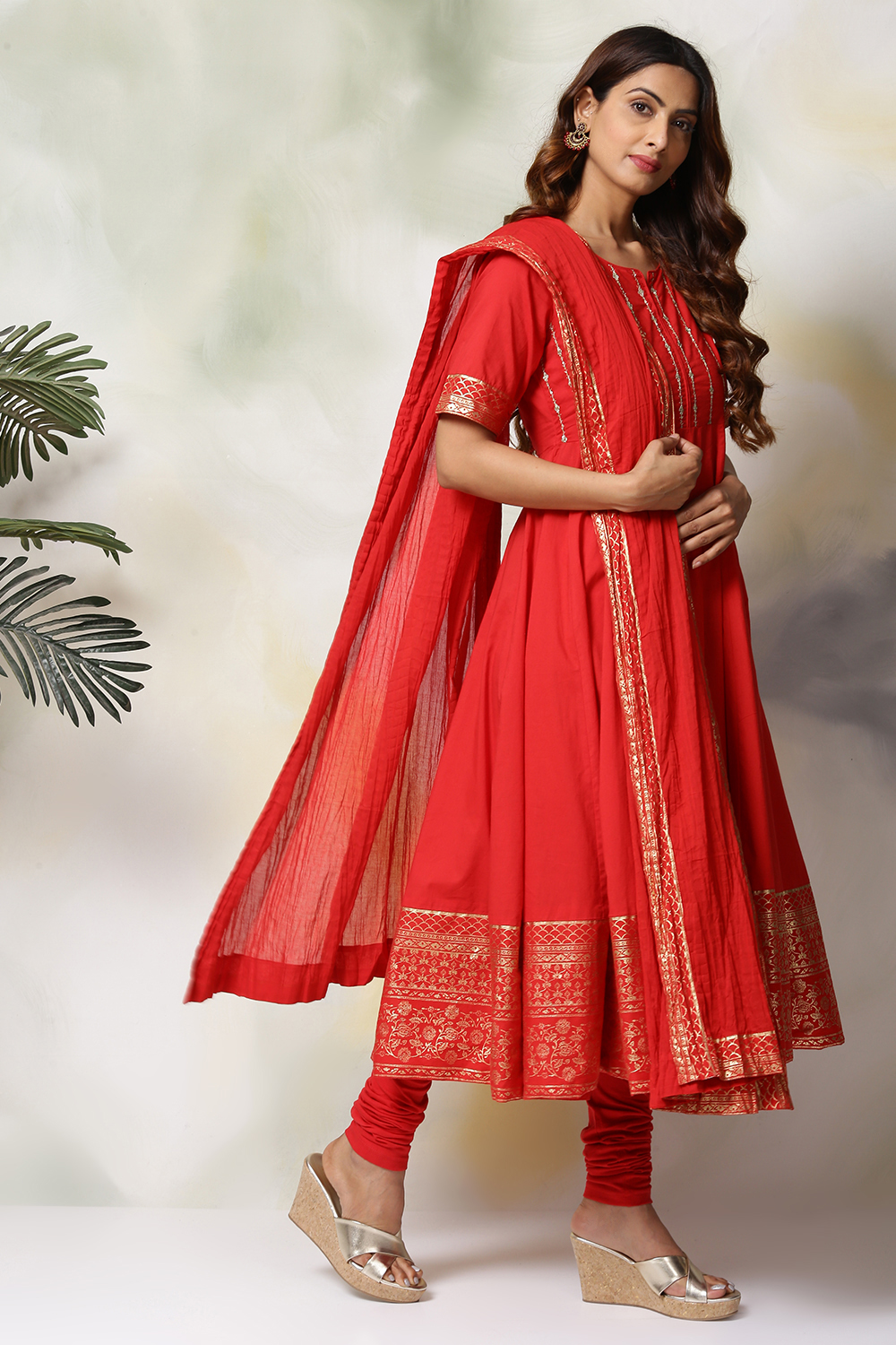 Red Cotton Anarkali Kurta Churidar Suit Set image number 6