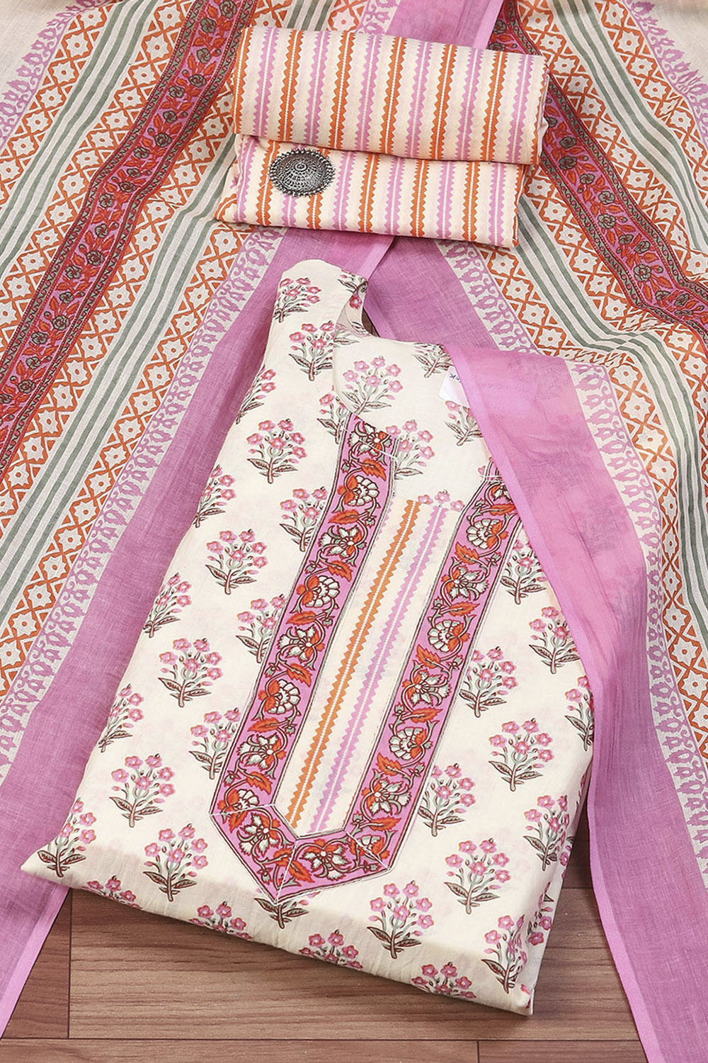 Blue Cotton Printed Unstitched Suit Set image number 0