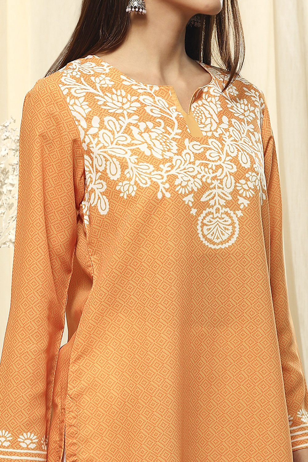 Mustard Yellow Printed Straight Short Kurta image number 1