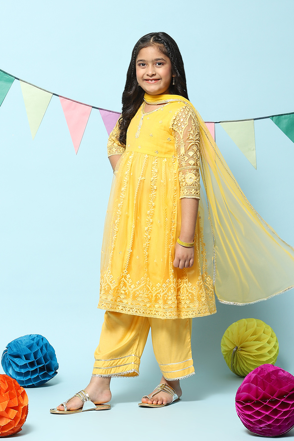 Yellow Nylon Gathered Embroidery Kurta Palazzo Suit Set image number 3