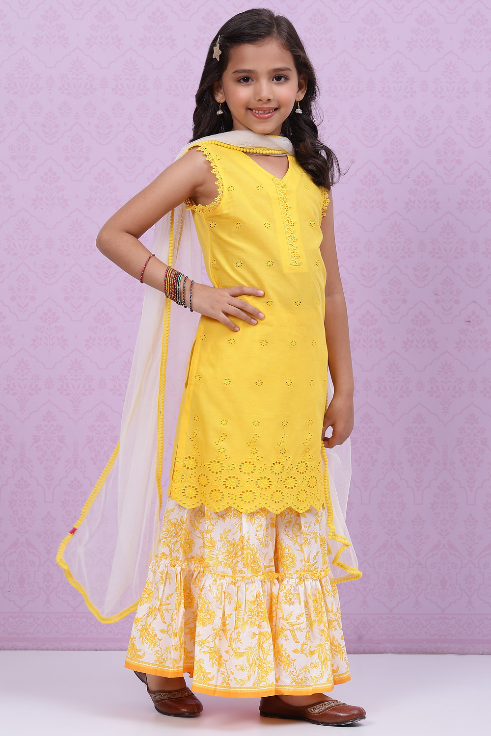 Yellow White Cotton Sharara Kurta Sharara Suit Set image number 6