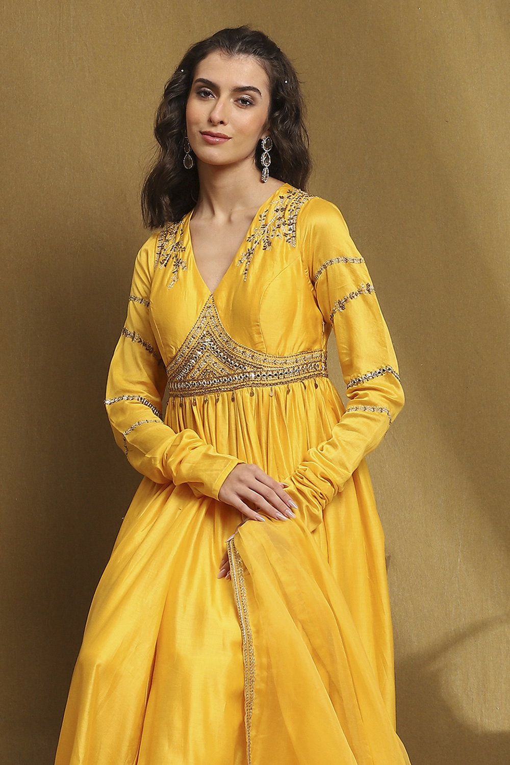 Yellow Silk Chanderi Anarkali Suit Set image number 7