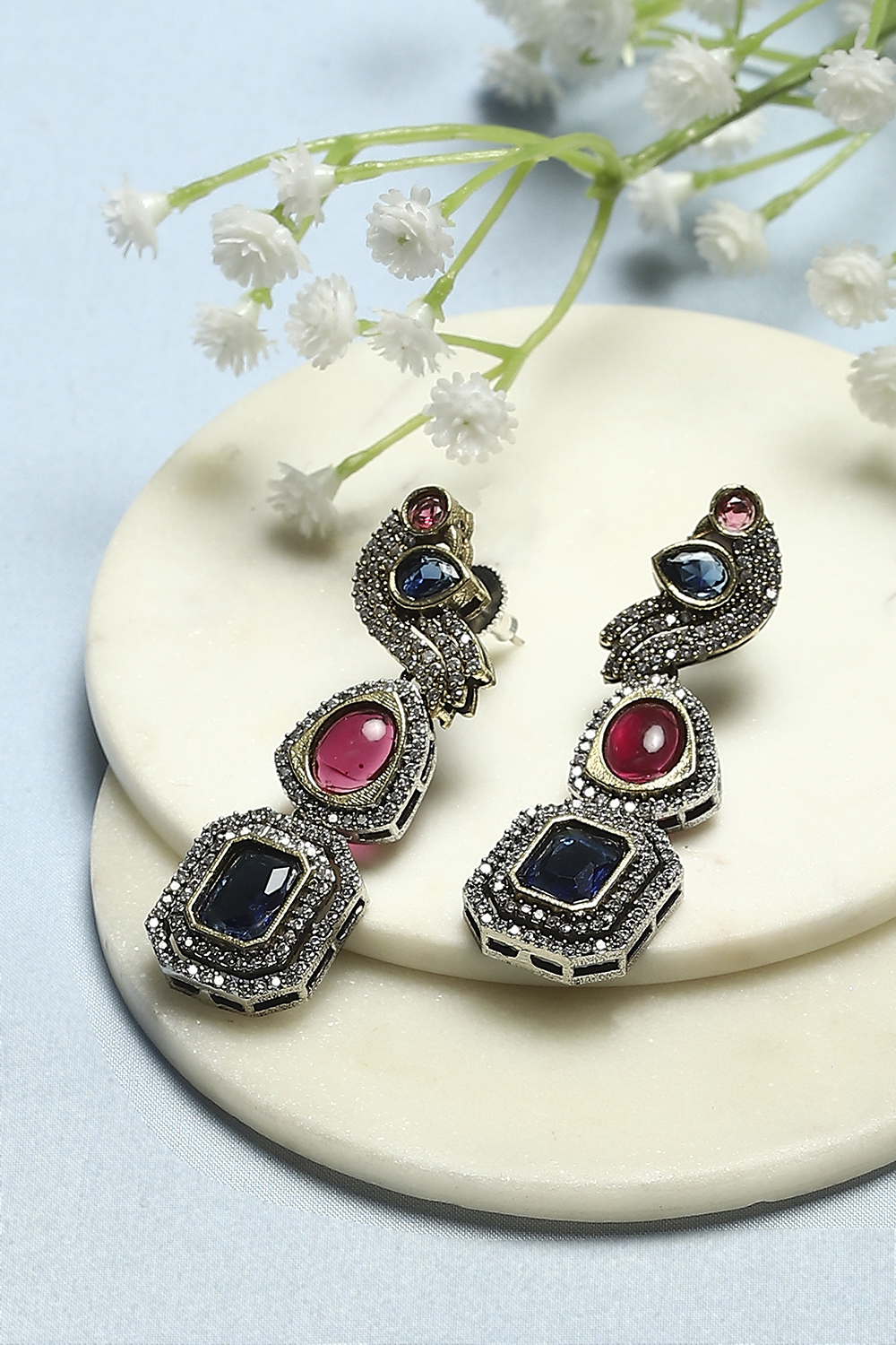 Blue and Pink Silver-Plated Kundan Studded Danglers image number 0