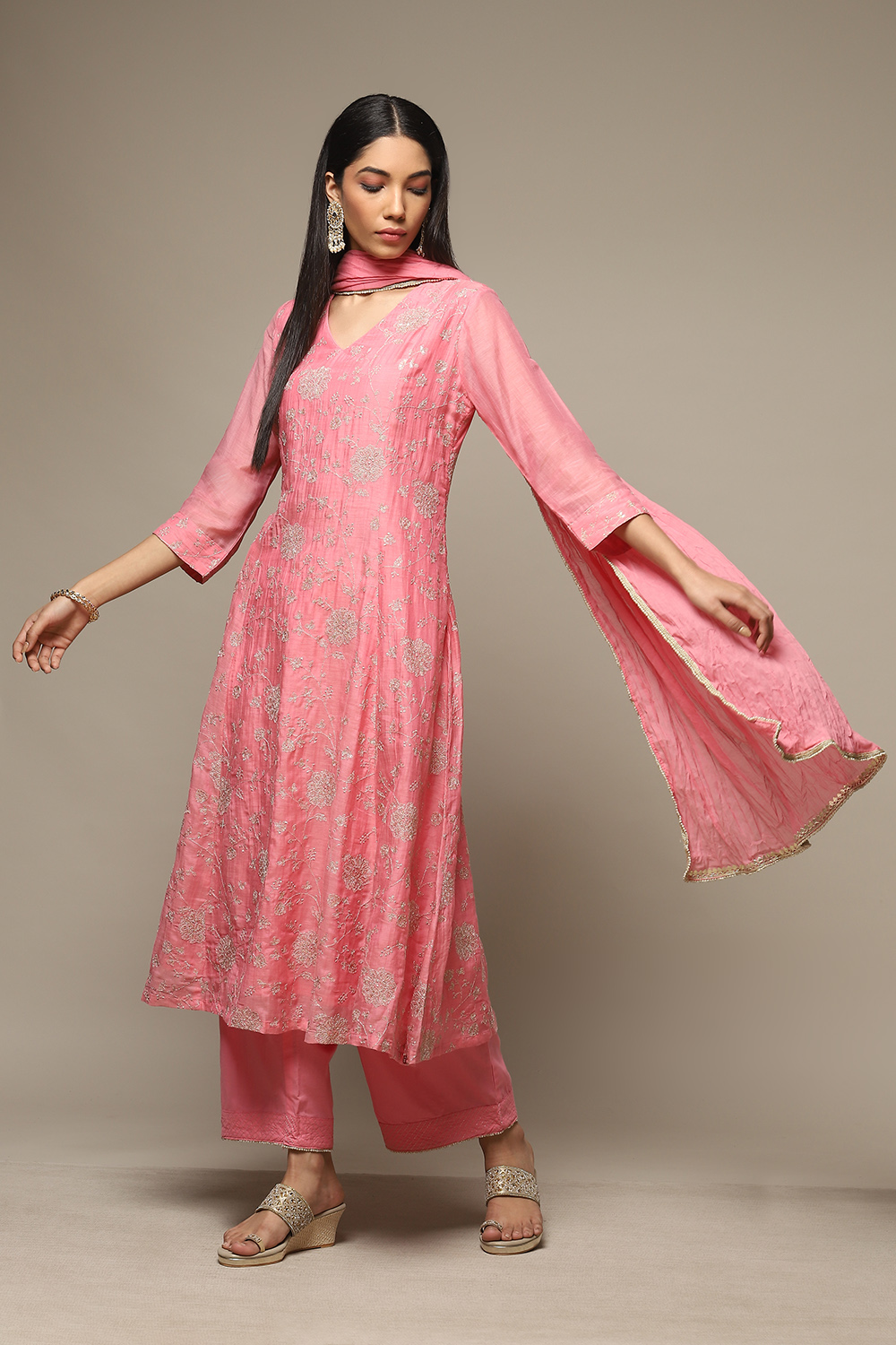 Pink Cotton Blend Kalidar Kurta Palazzo Suit Set image number 0