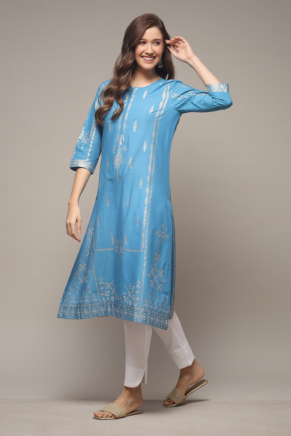 Ink Blue Cotton Straight Printed Kurta image number 0