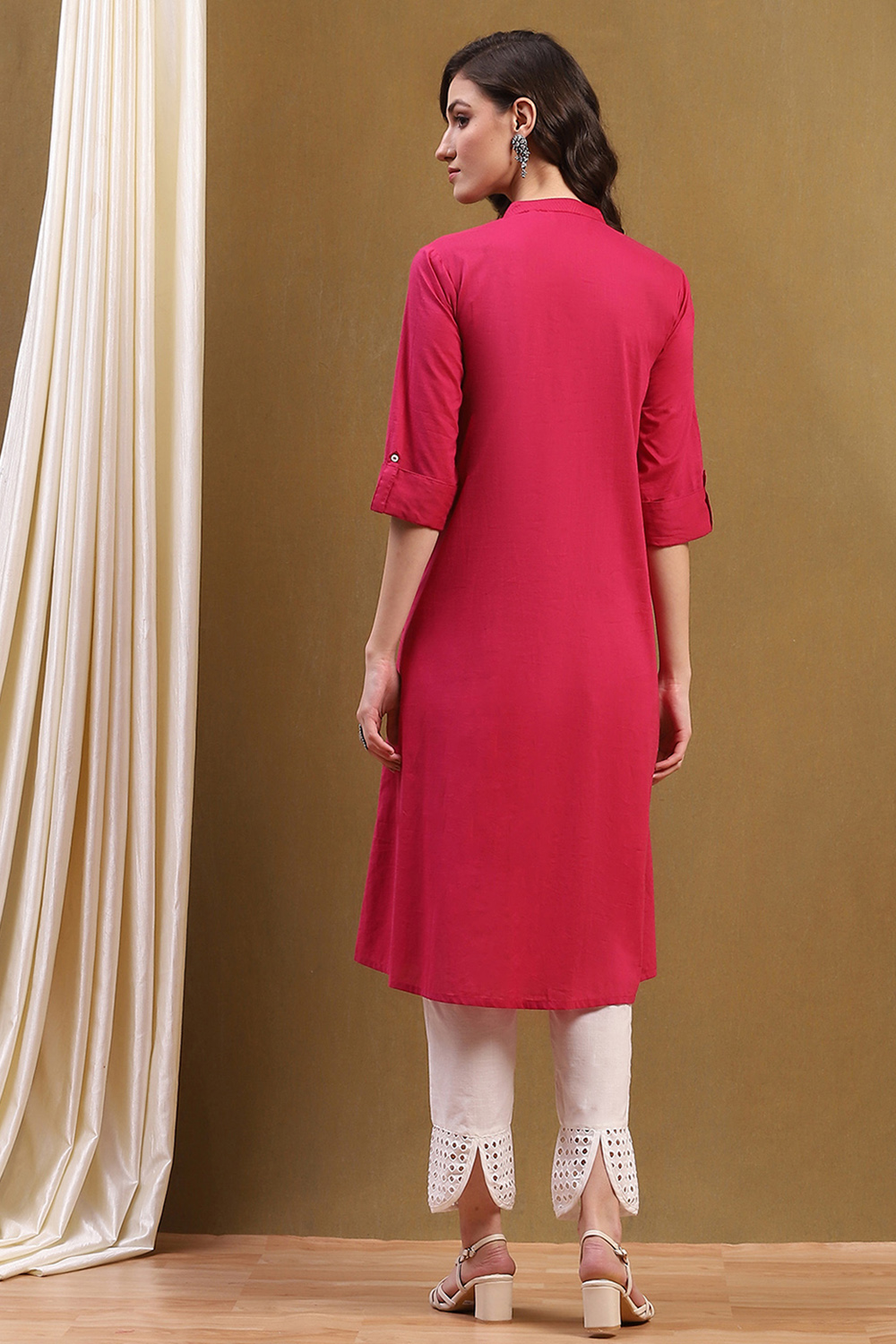 Pink Cotton Solid Pleated A-Line Kurta image number 3