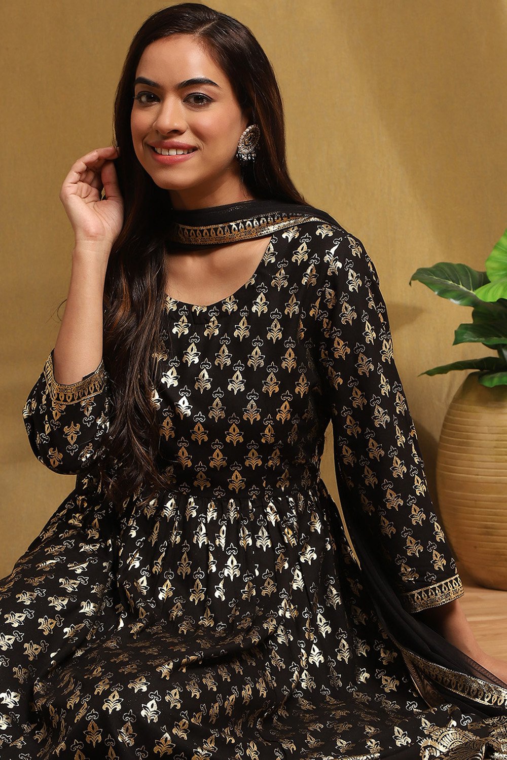 Black Foil Printed Anarkali Suit Set image number 0