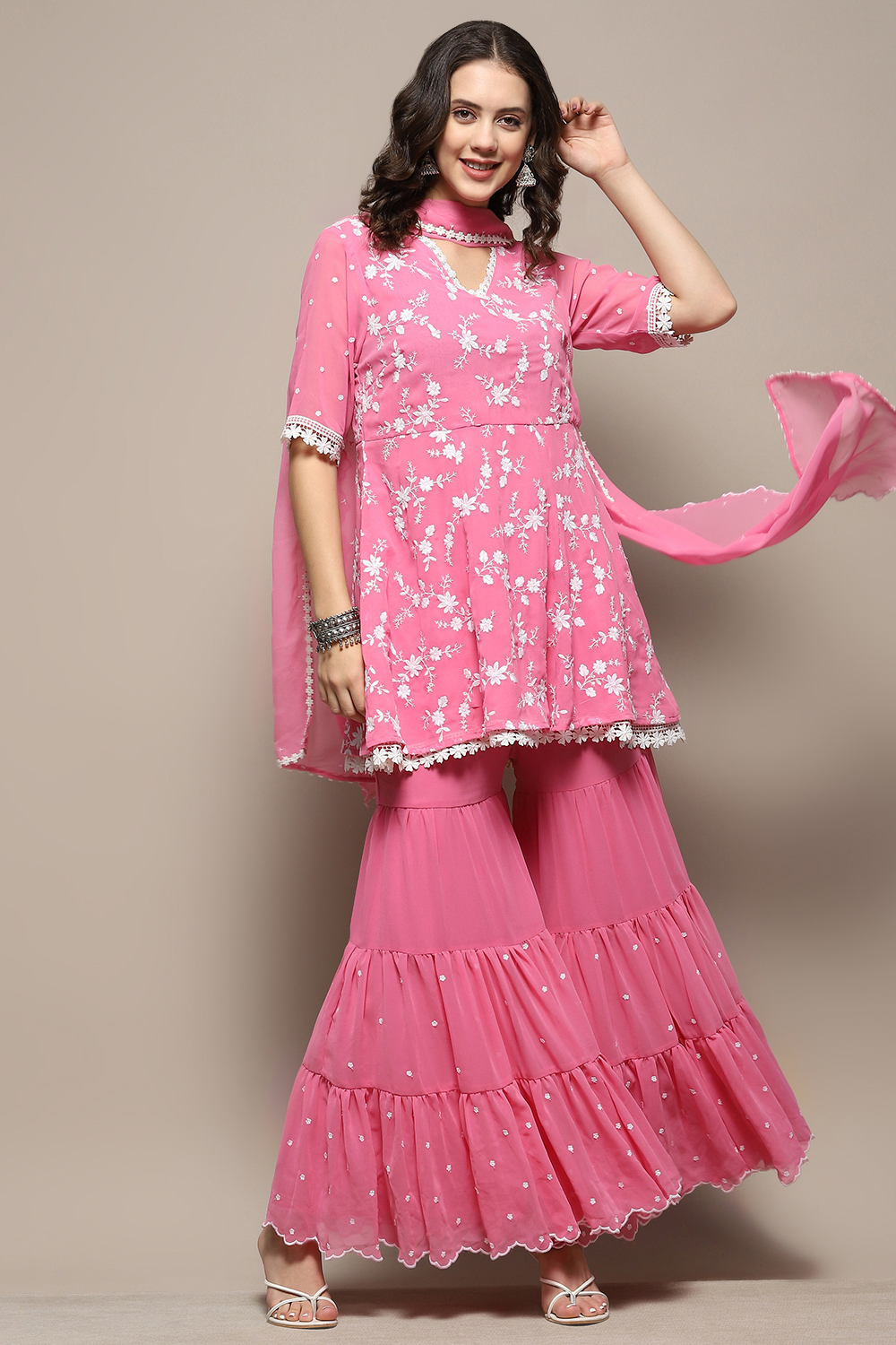 Pink Floral Embroidered A-Line Suit Set image number 0