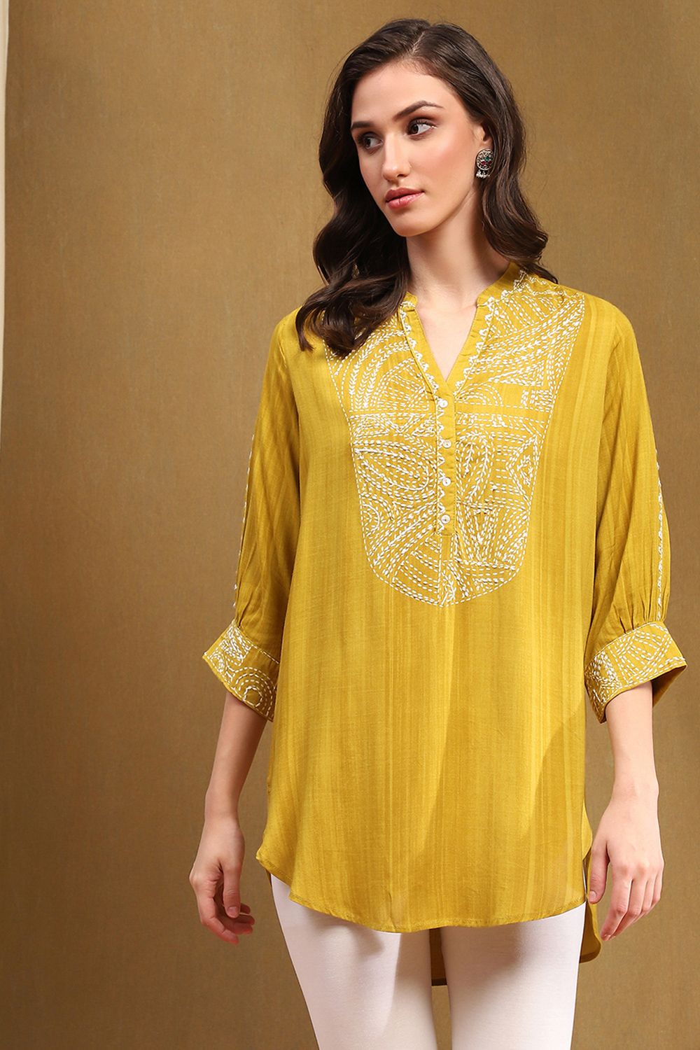 Mustard Yellow Liva Thread Work Straight Kurti image number 5