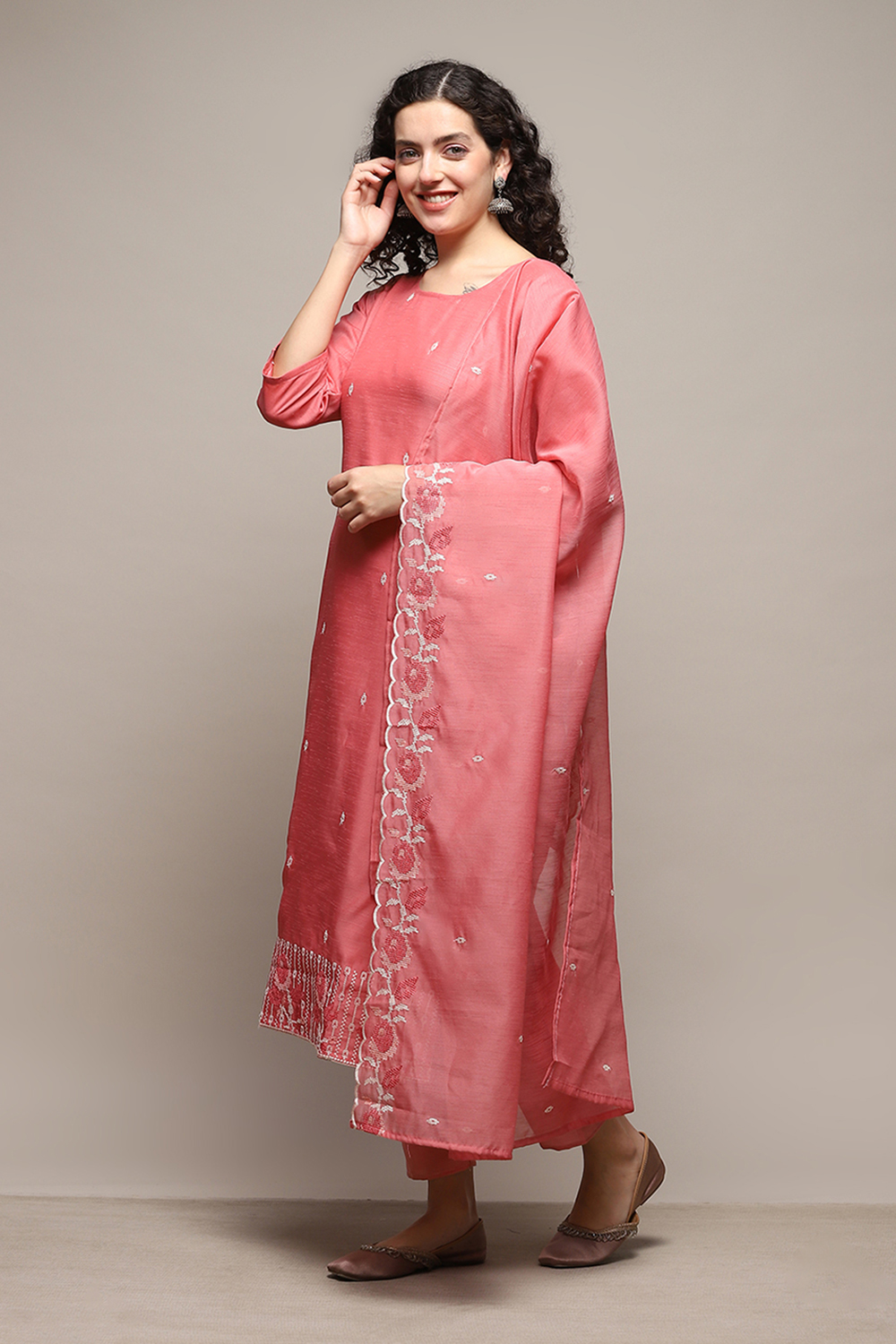 Pink Linen Blend Unstitched Suit Set image number 5