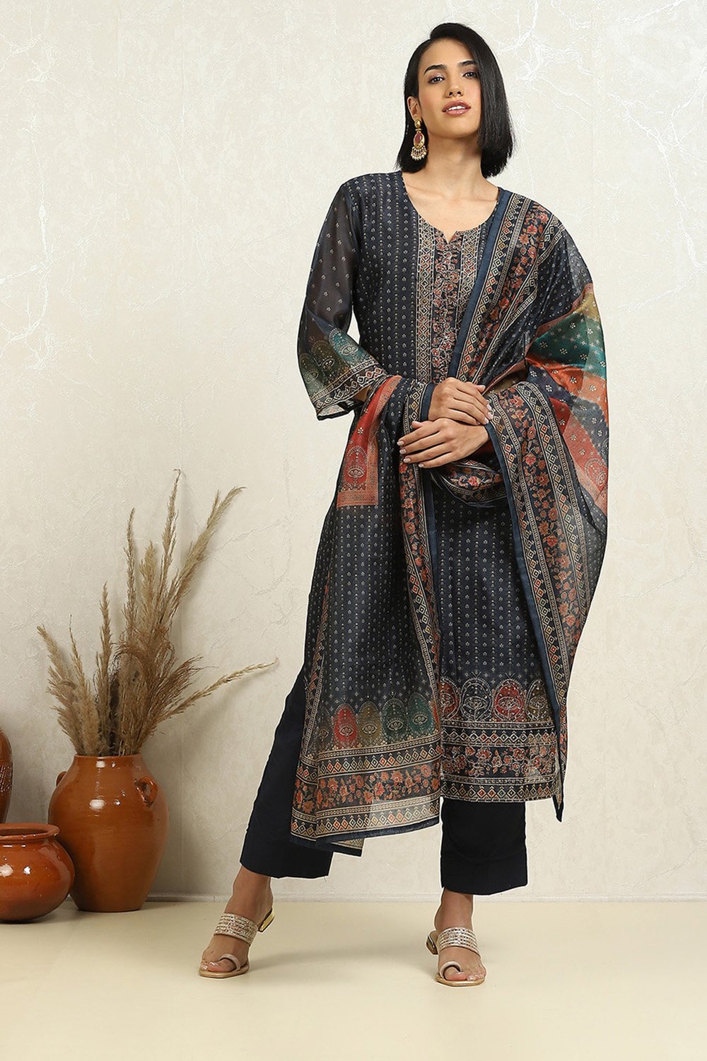 Blue Chanderi Floral Printed Unstitched Suit Set image number 1