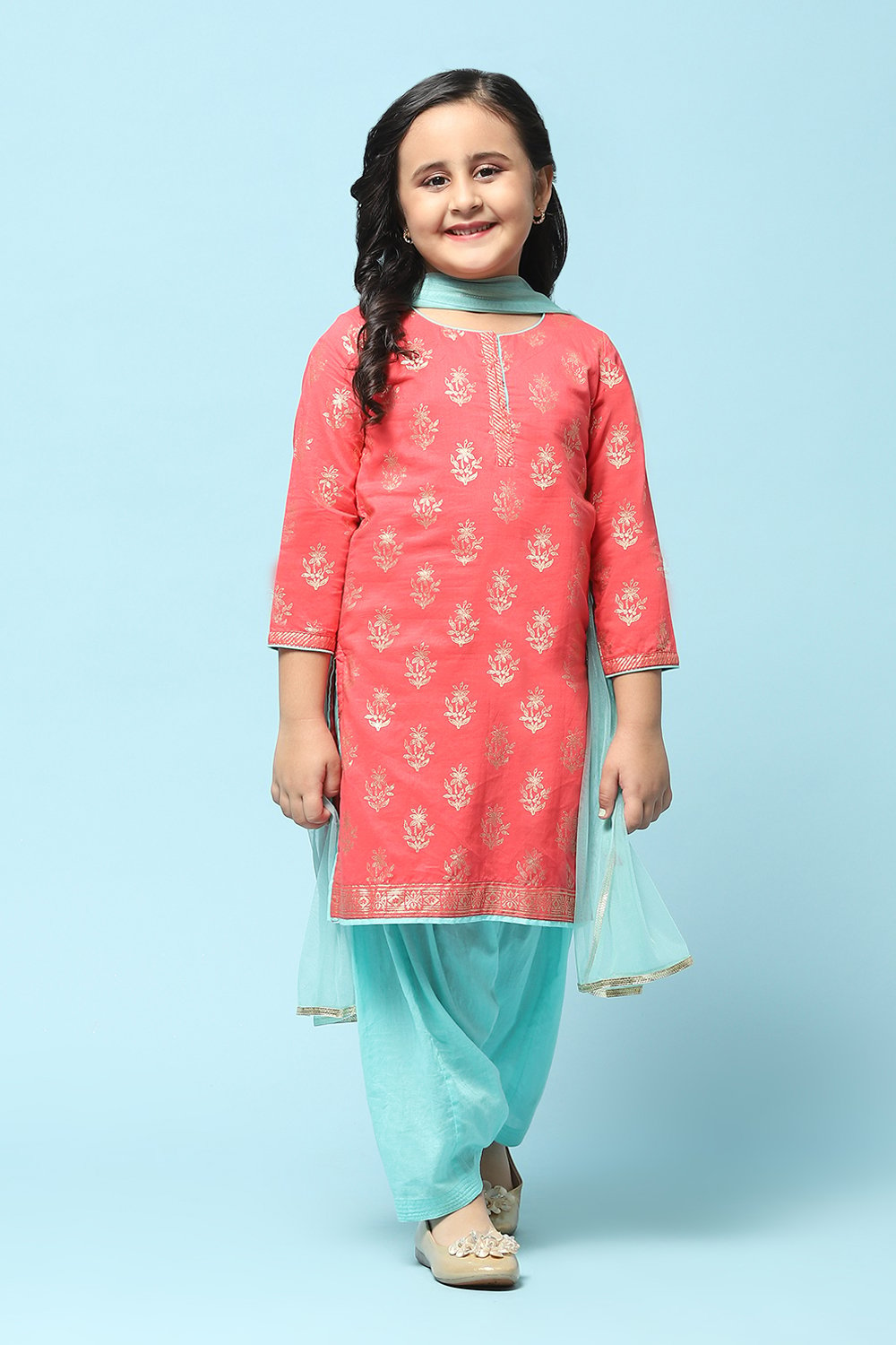 Turquoise Cotton Straight Printed Kurta Patiala Salwar Suit Set image number 6